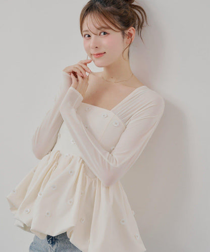 【SALON by Chico】拼接泡泡袖荷葉邊花卉襯衫