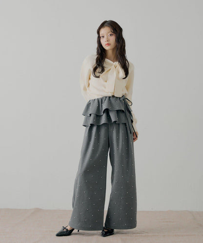 【SALON by Chico】可拆卸荷葉邊+珍珠裝飾寬鬆休閒褲