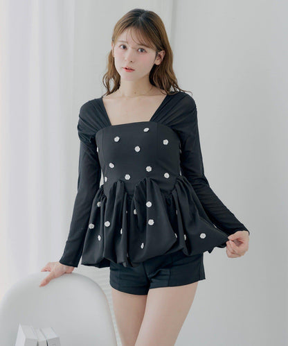 【SALON by Chico】拼接泡泡袖荷葉邊花卉襯衫