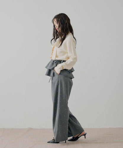 【SALON by Chico】可拆卸荷葉邊+珍珠裝飾寬鬆休閒褲