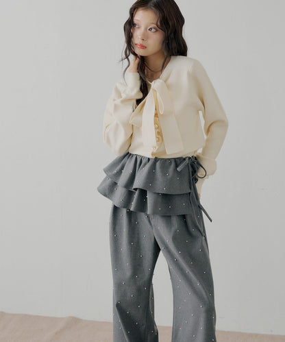 【SALON by Chico】可拆卸荷葉邊+珍珠裝飾寬鬆休閒褲