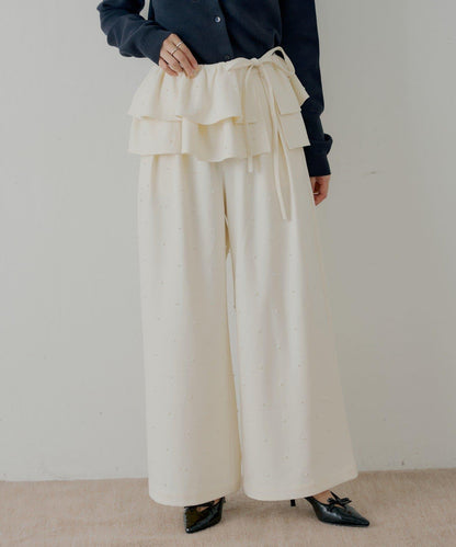 【SALON by Chico】可拆卸荷葉邊+珍珠裝飾寬鬆休閒褲