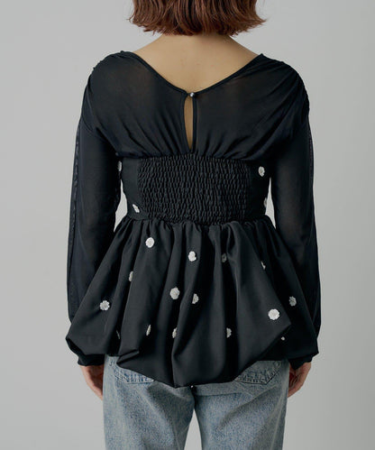 【SALON by Chico】拼接泡泡袖荷葉邊花卉襯衫