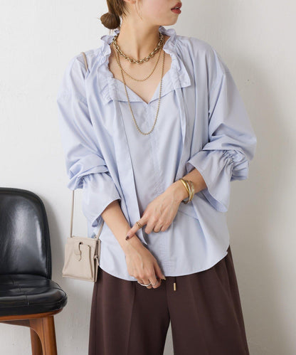 袖荷葉邊蝴蝶結繫帶襯衫