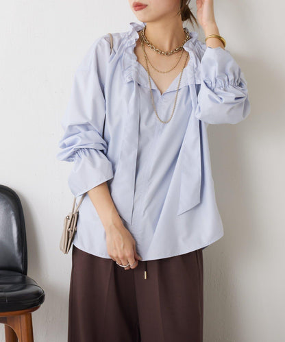 袖荷葉邊蝴蝶結繫帶襯衫