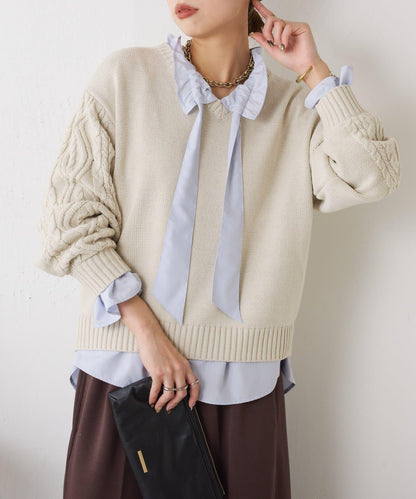 袖荷葉邊蝴蝶結繫帶襯衫