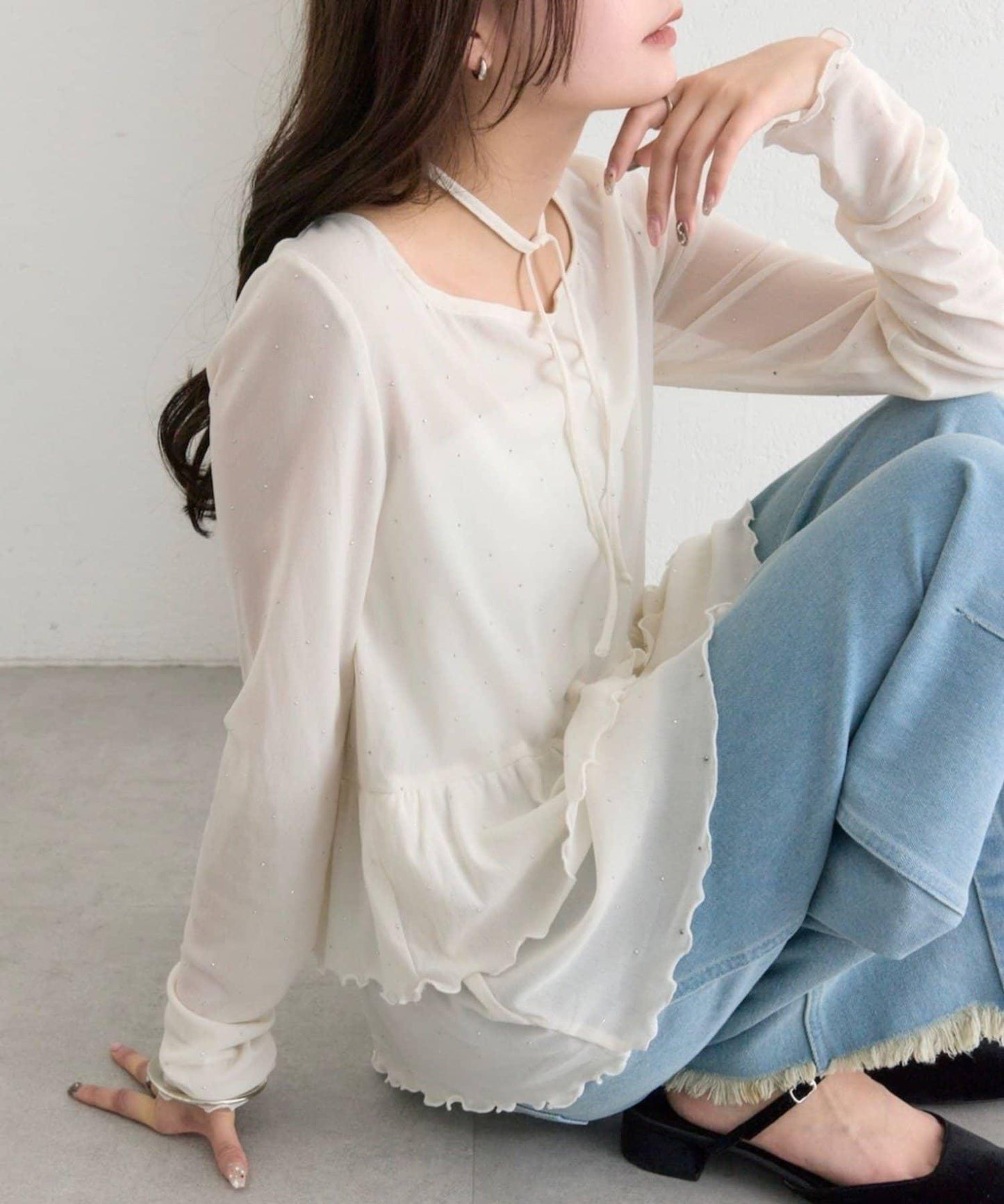 新色水鑽波點層疊下襬套頭衫