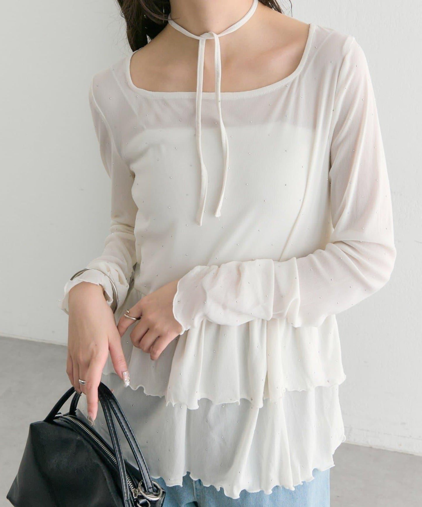 新色水鑽波點層疊下襬套頭衫