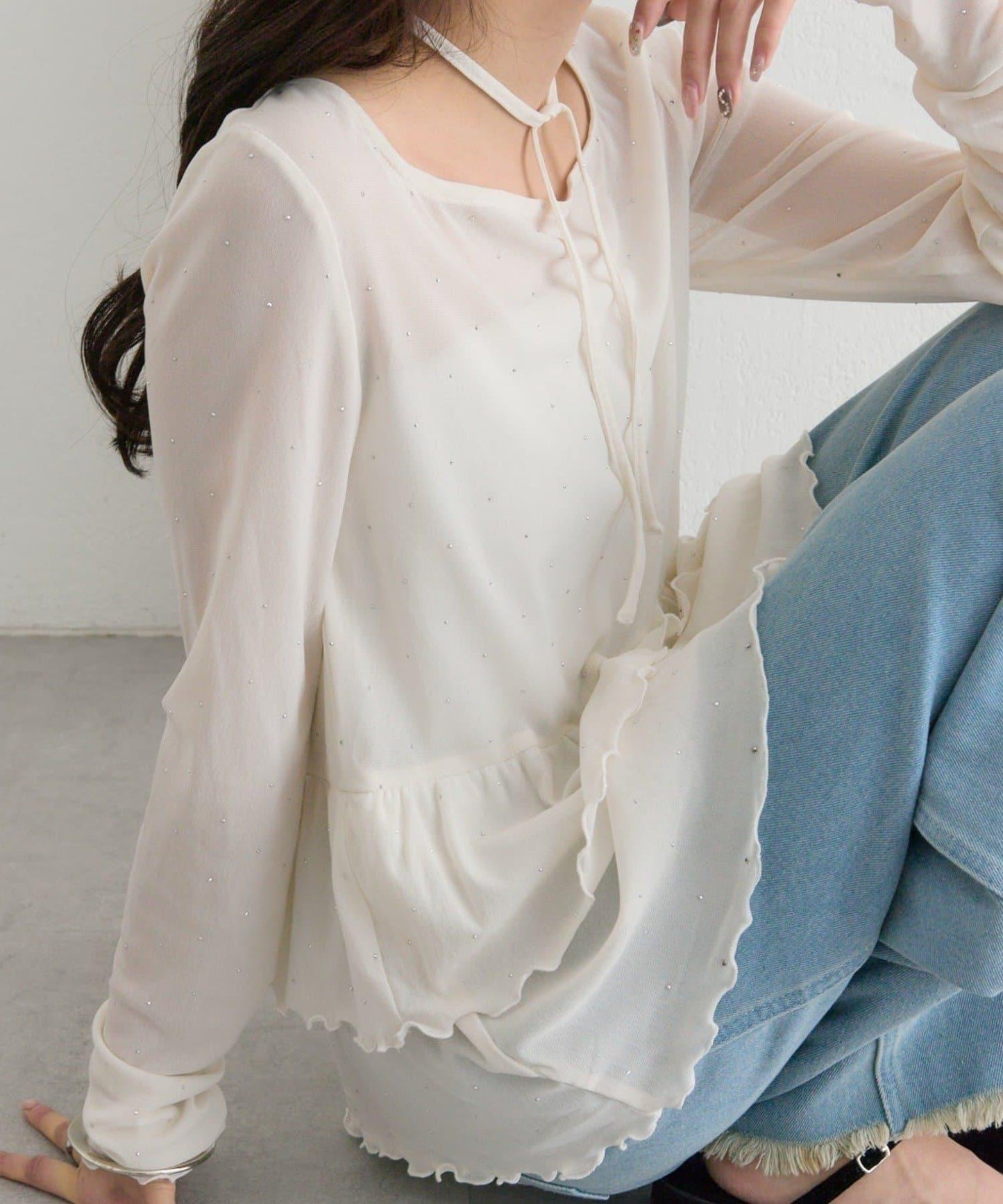 新色水鑽波點層疊下襬套頭衫