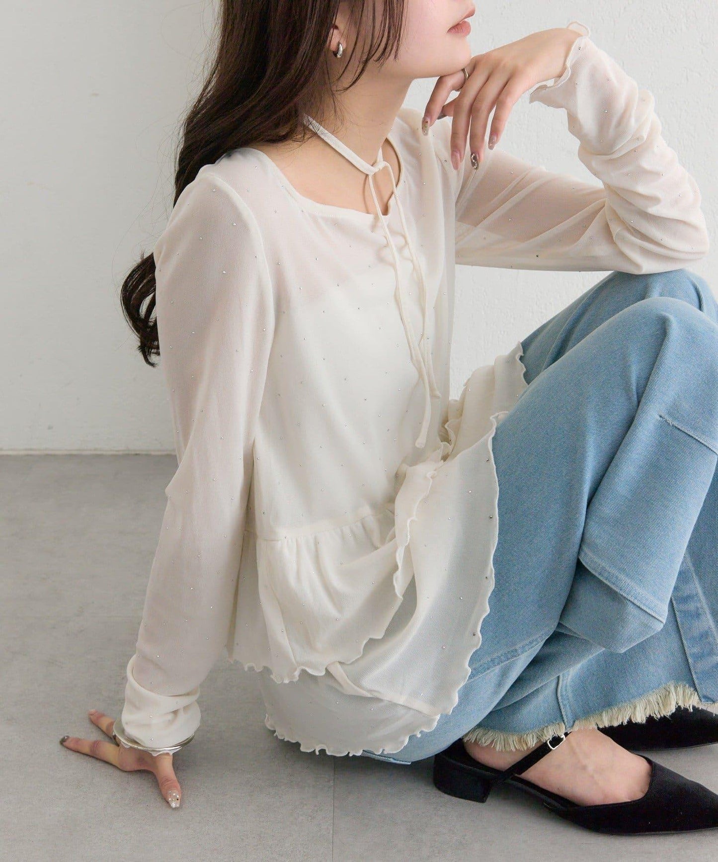 新色水鑽波點層疊下襬套頭衫