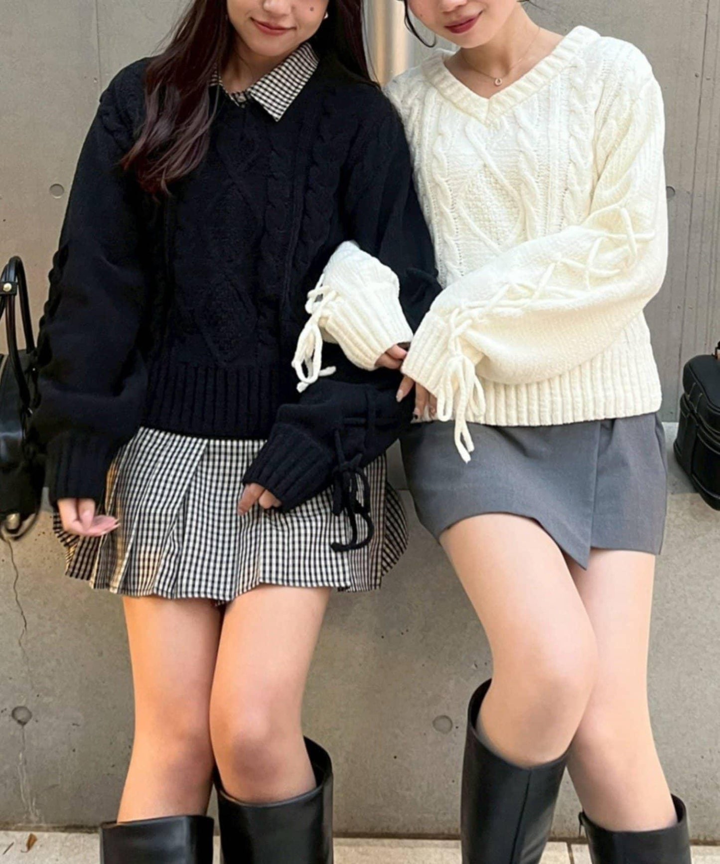 繫帶花邊麻花針織衫