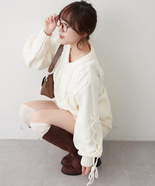 繫帶花邊麻花針織衫