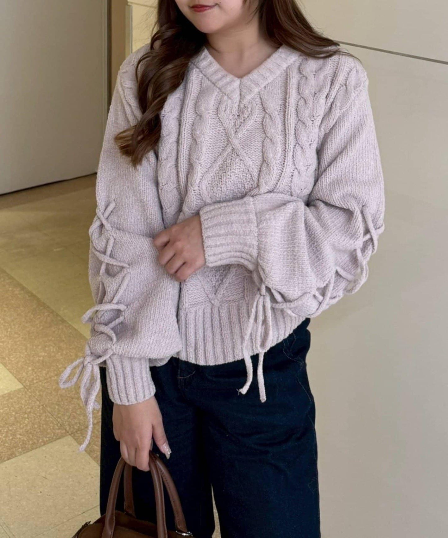 繫帶花邊麻花針織衫