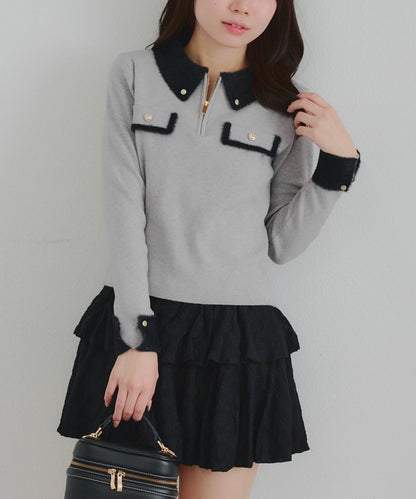 拼色羽毛半拉鍊針織衫