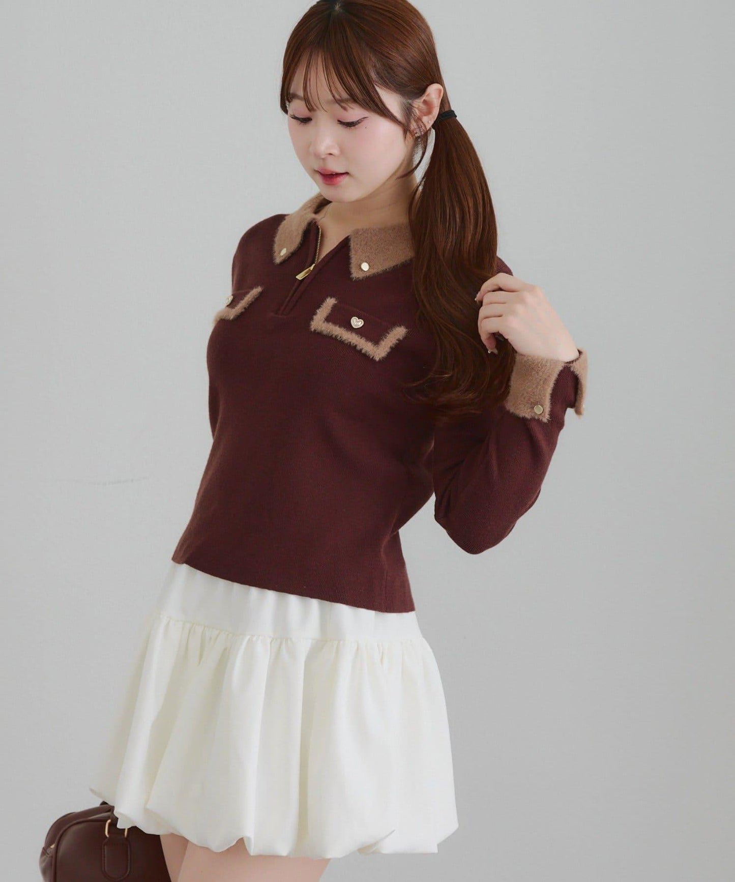 拼色羽毛半拉鍊針織衫