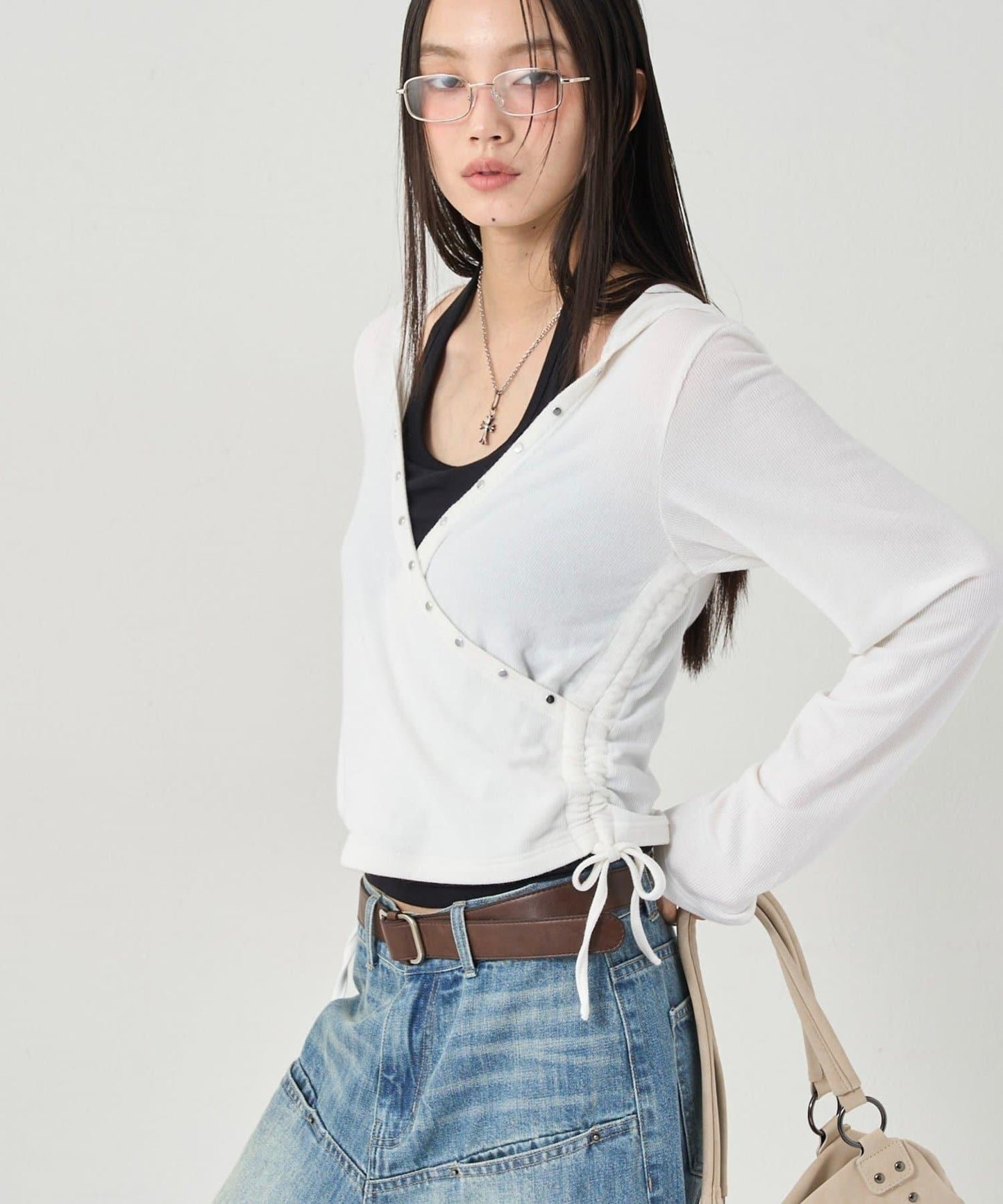 鉚釘羅紋裹身連帽衫