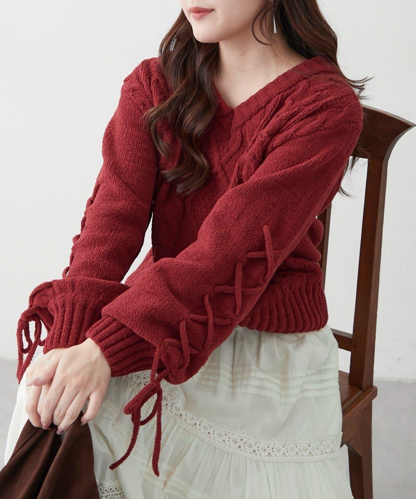繫帶花邊麻花針織衫