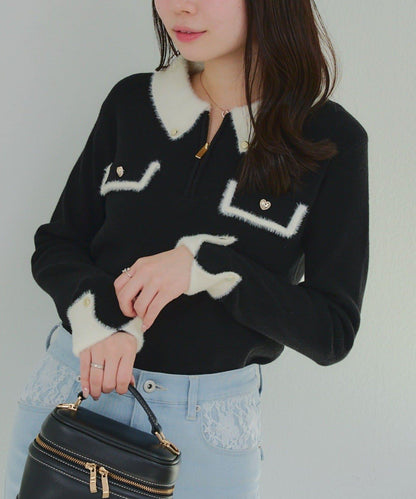 拼色羽毛半拉鍊針織衫