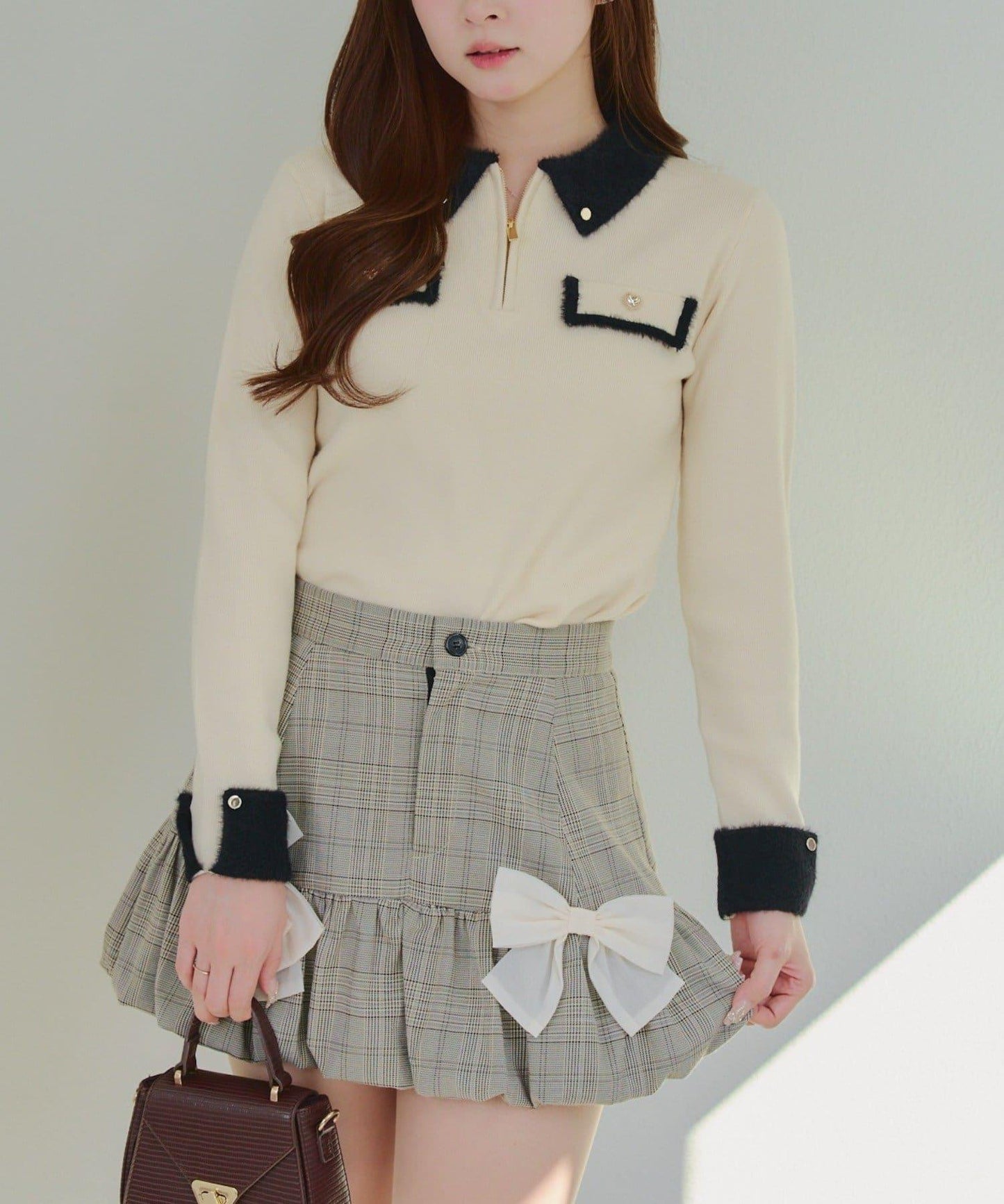 拼色羽毛半拉鍊針織衫