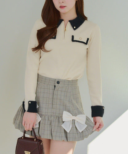 拼色羽毛半拉鍊針織衫