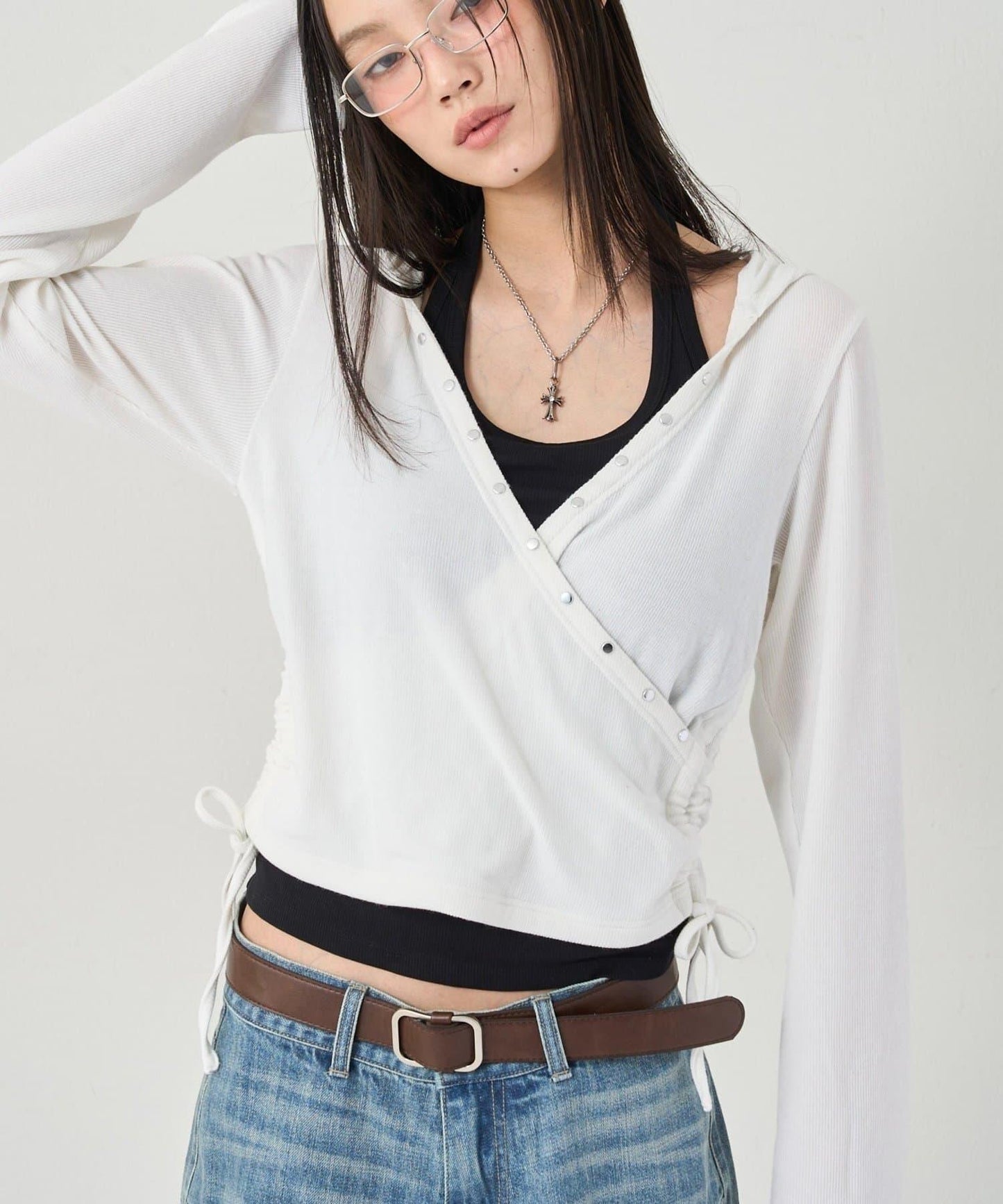 鉚釘羅紋裹身連帽衫