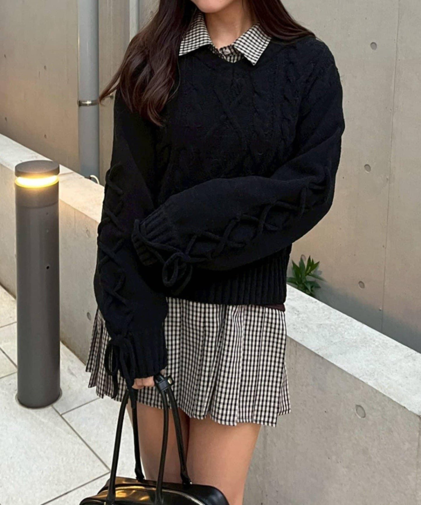 繫帶花邊麻花針織衫