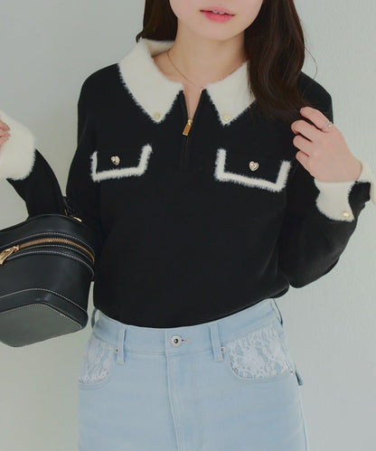 拼色羽毛半拉鍊針織衫