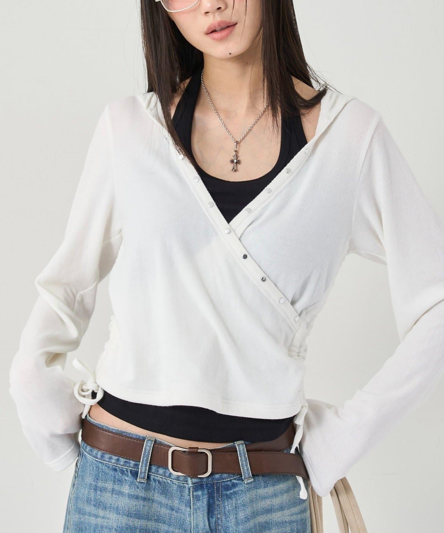 鉚釘羅紋裹身連帽衫