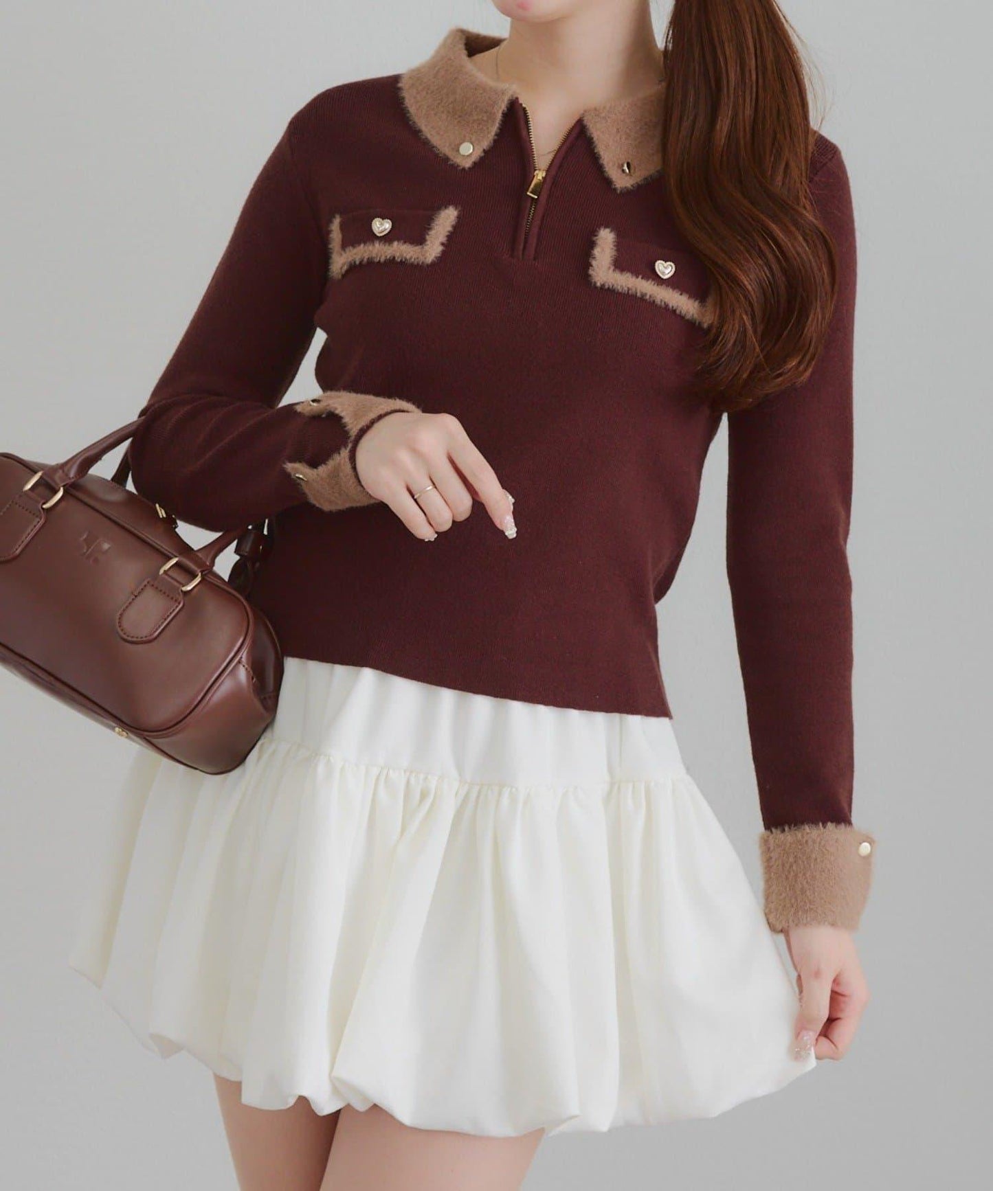 拼色羽毛半拉鍊針織衫