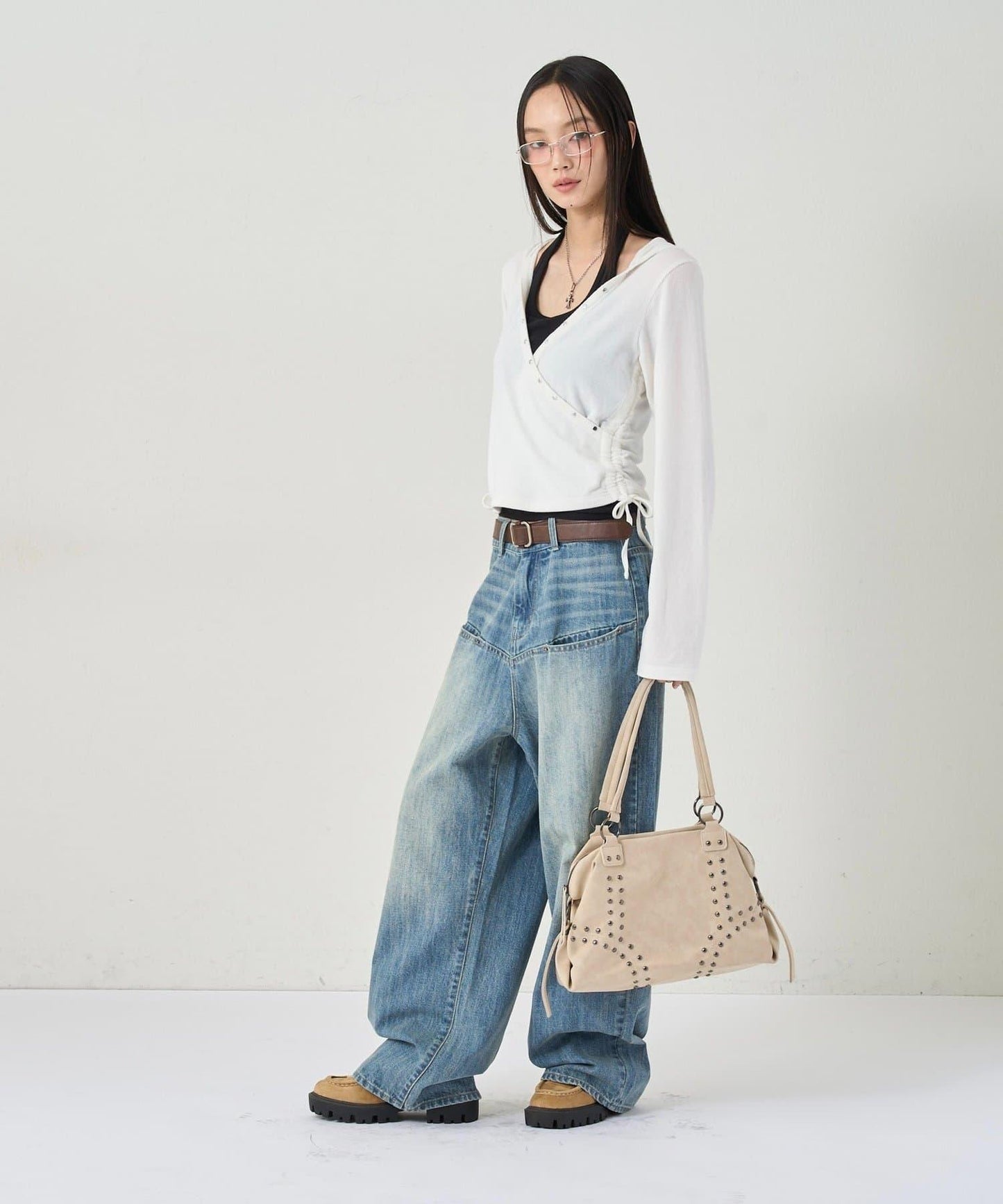 鉚釘羅紋裹身連帽衫