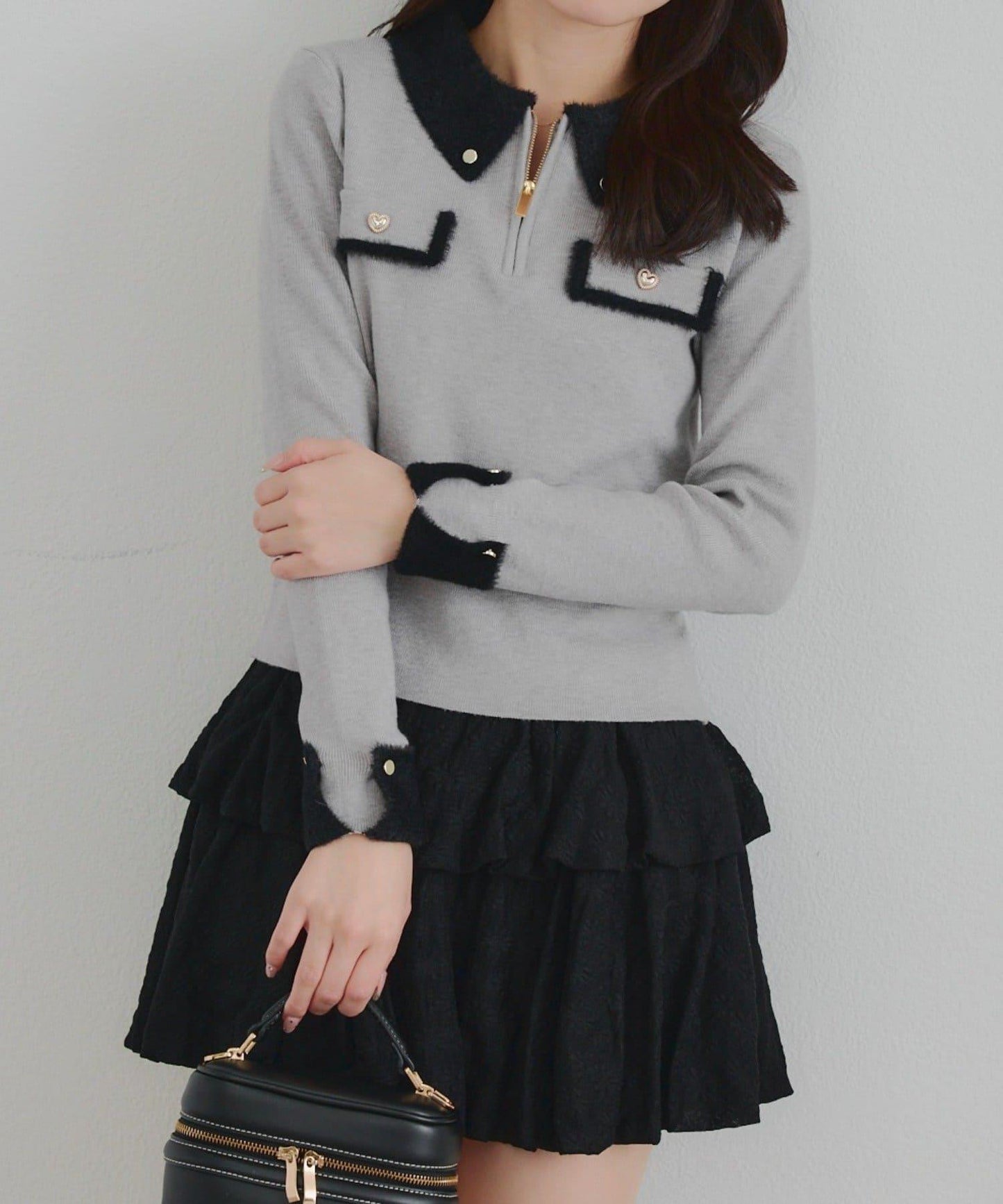 拼色羽毛半拉鍊針織衫