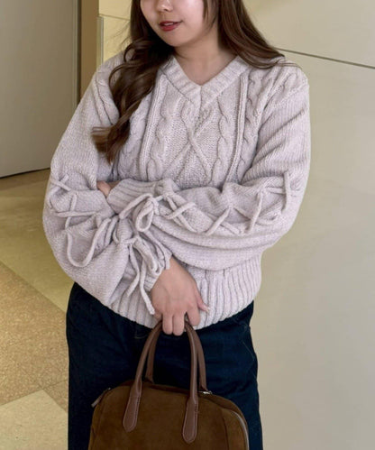 繫帶花邊麻花針織衫
