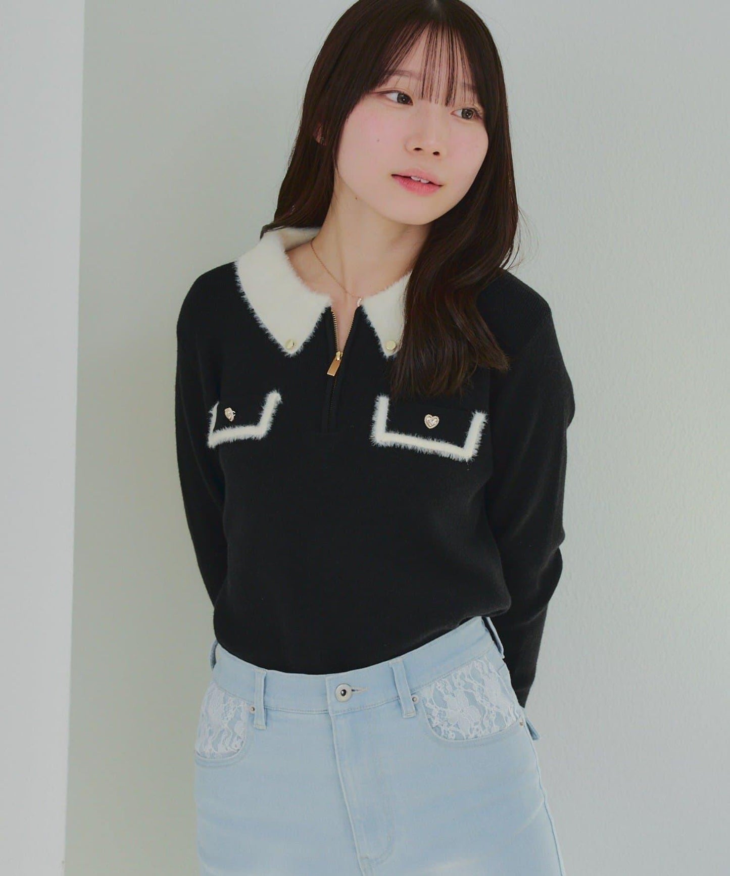 拼色羽毛半拉鍊針織衫