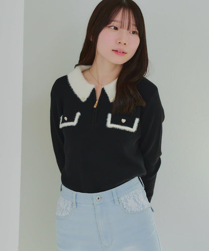 拼色羽毛半拉鍊針織衫
