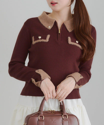 拼色羽毛半拉鍊針織衫