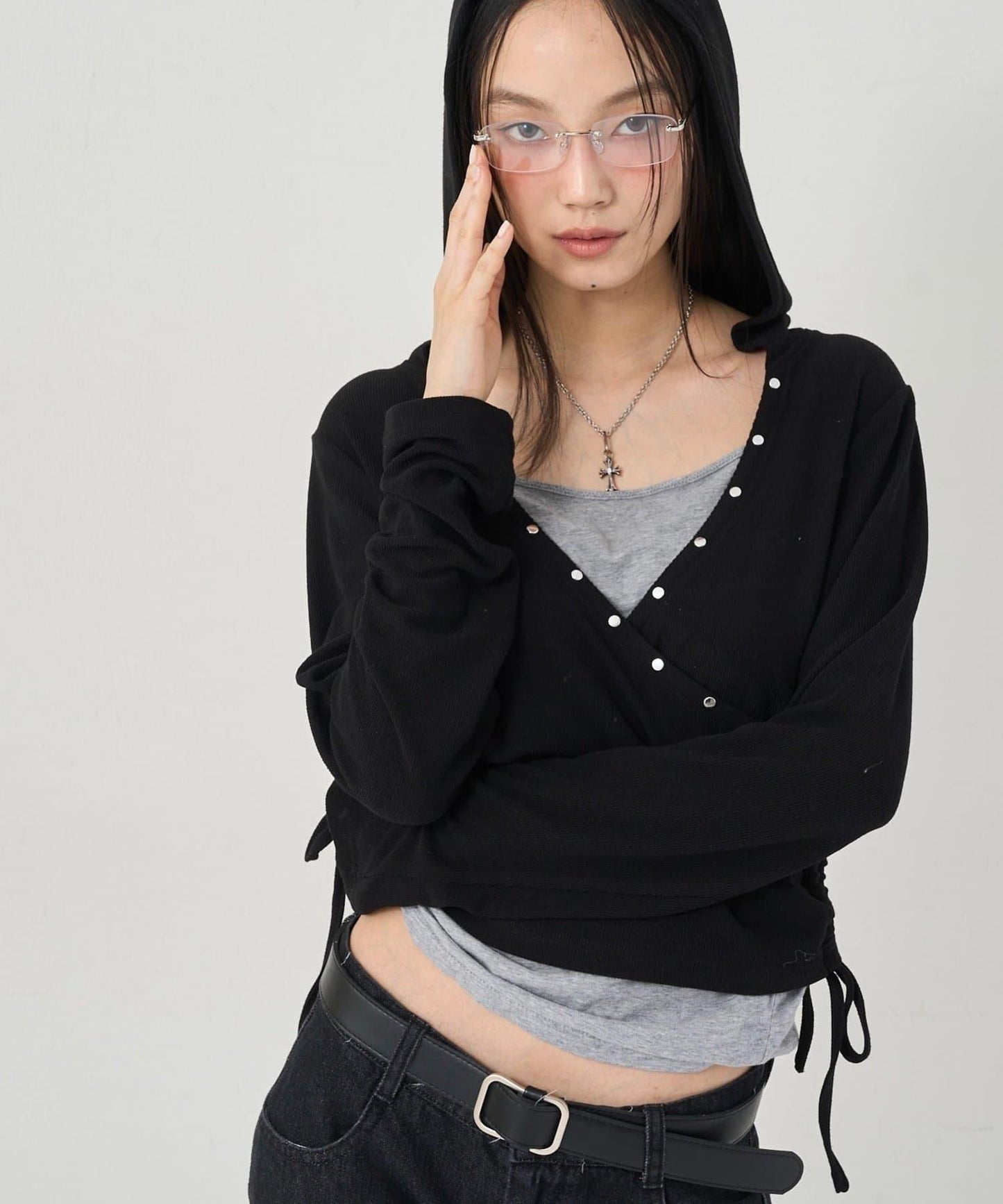 鉚釘羅紋裹身連帽衫