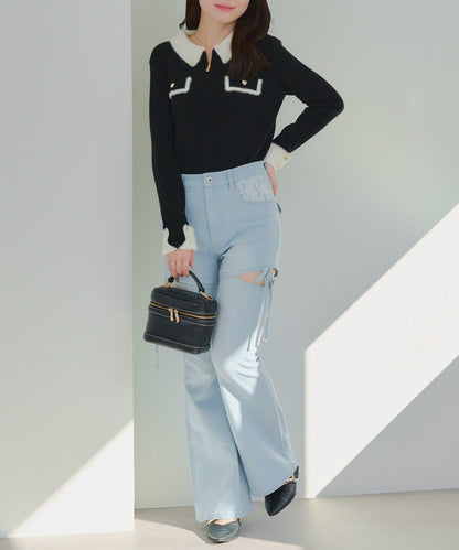 拼色羽毛半拉鍊針織衫