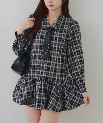 帶領帶下襬泡泡袖迷你連衣裙