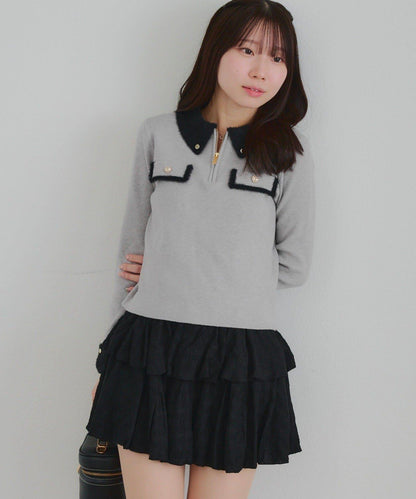 拼色羽毛半拉鍊針織衫