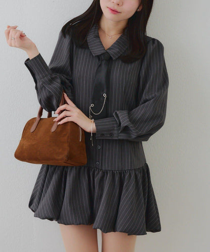 帶領帶下襬泡泡袖迷你連衣裙