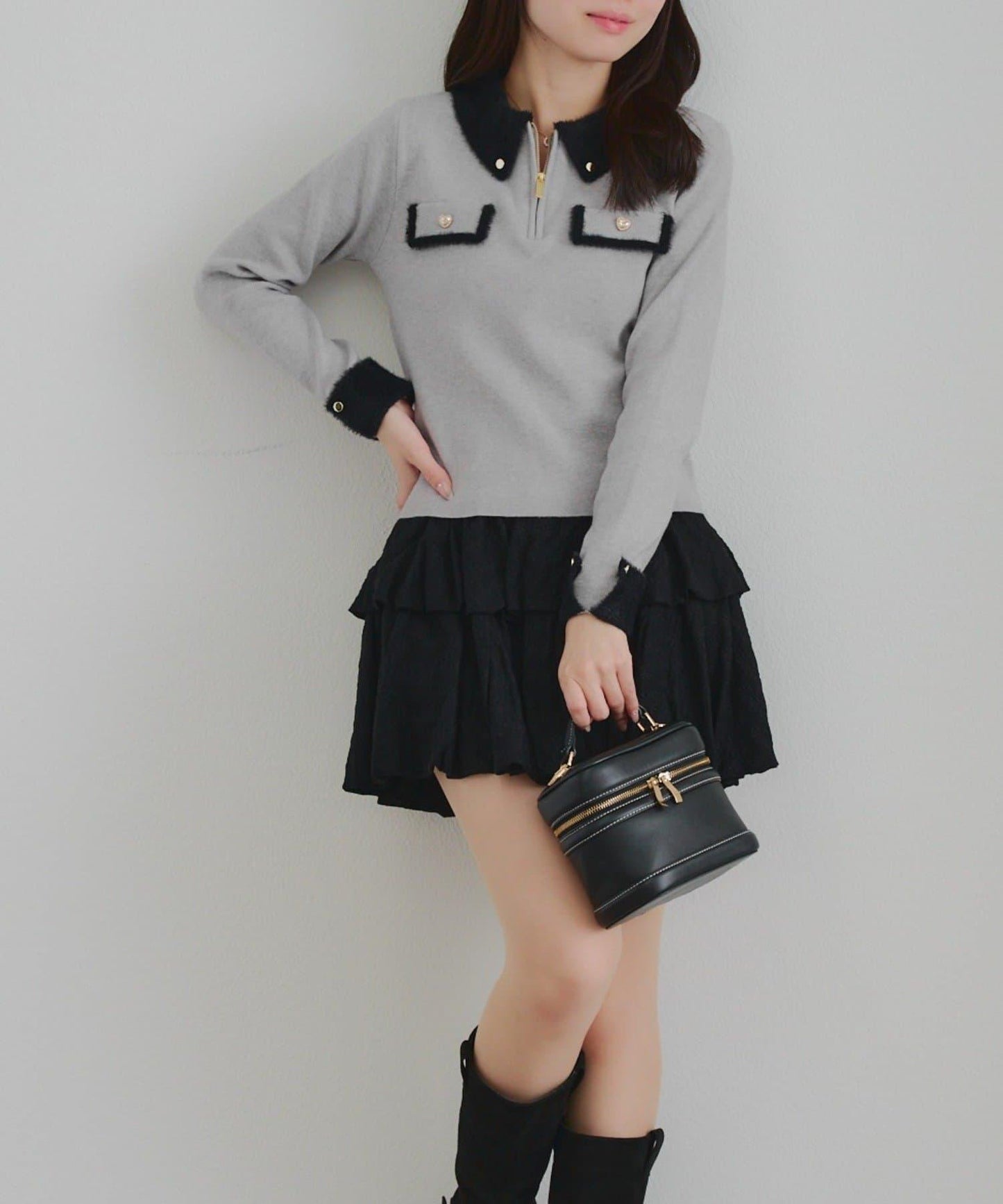 拼色羽毛半拉鍊針織衫