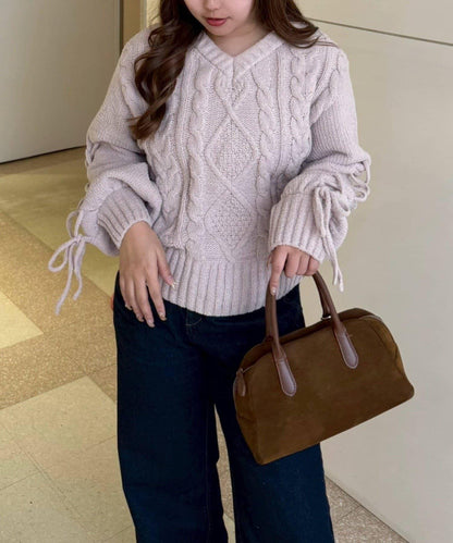 繫帶花邊麻花針織衫