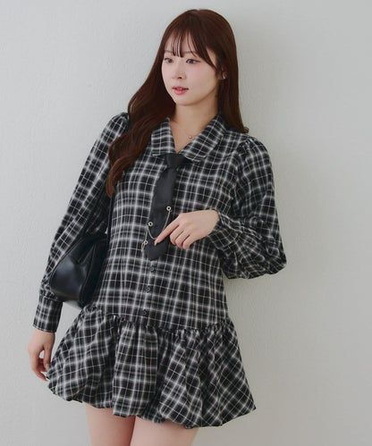 帶領帶下襬泡泡袖迷你連衣裙