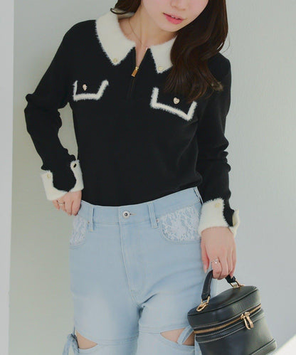 拼色羽毛半拉鍊針織衫