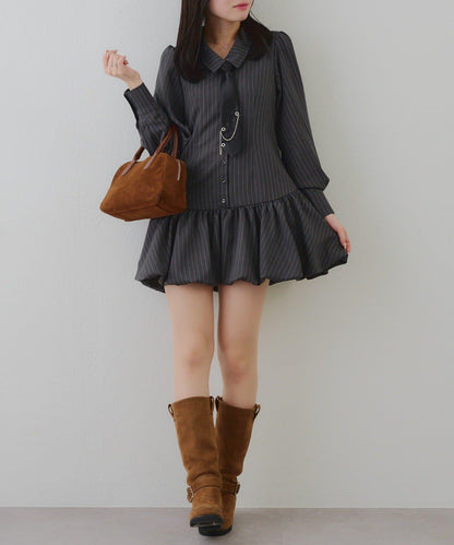 帶領帶下襬泡泡袖迷你連衣裙