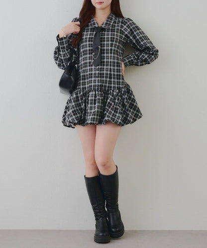 帶領帶下襬泡泡袖迷你連衣裙