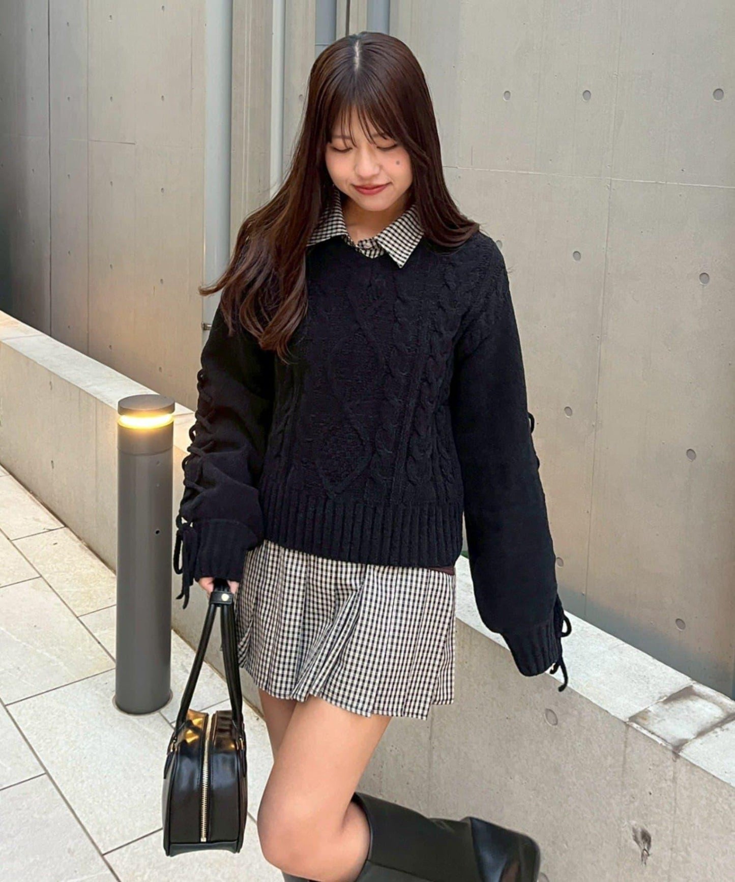 繫帶花邊麻花針織衫