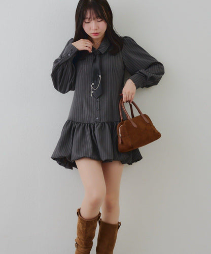 帶領帶下襬泡泡袖迷你連衣裙