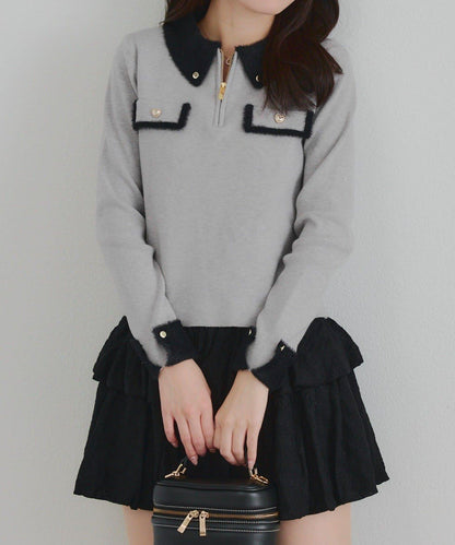 拼色羽毛半拉鍊針織衫