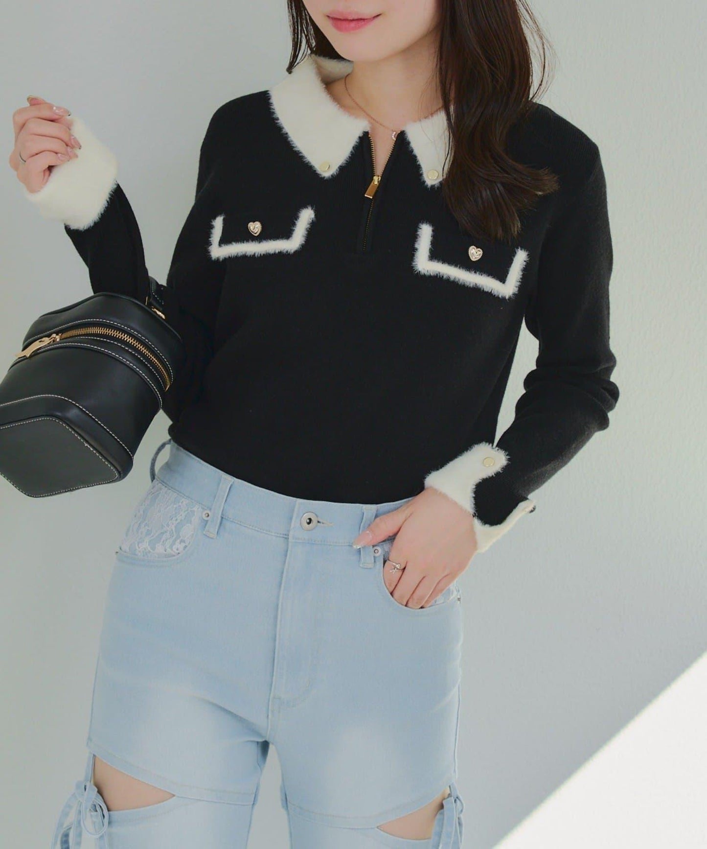 拼色羽毛半拉鍊針織衫